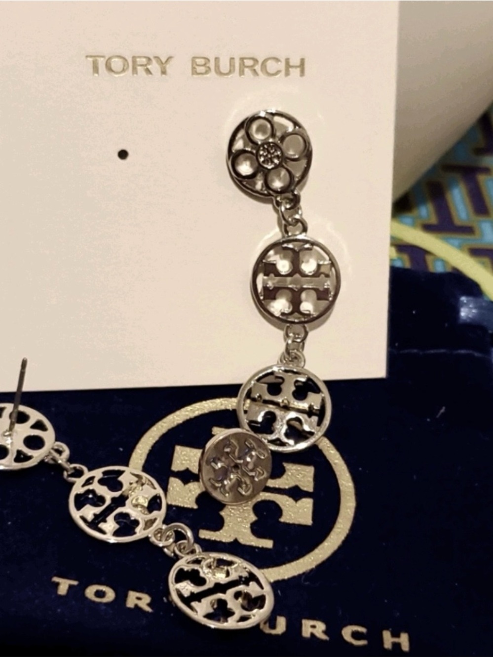 Tory Burch silver triple logo drop earrings MSRP $149 - Picture 4 of 5